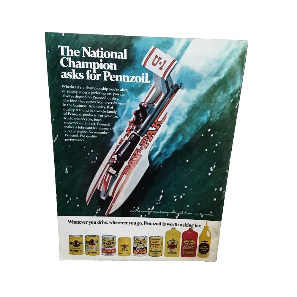1975 Pennzoil Pay N Pak National Champion Hydroplane Racing Original Print Ad